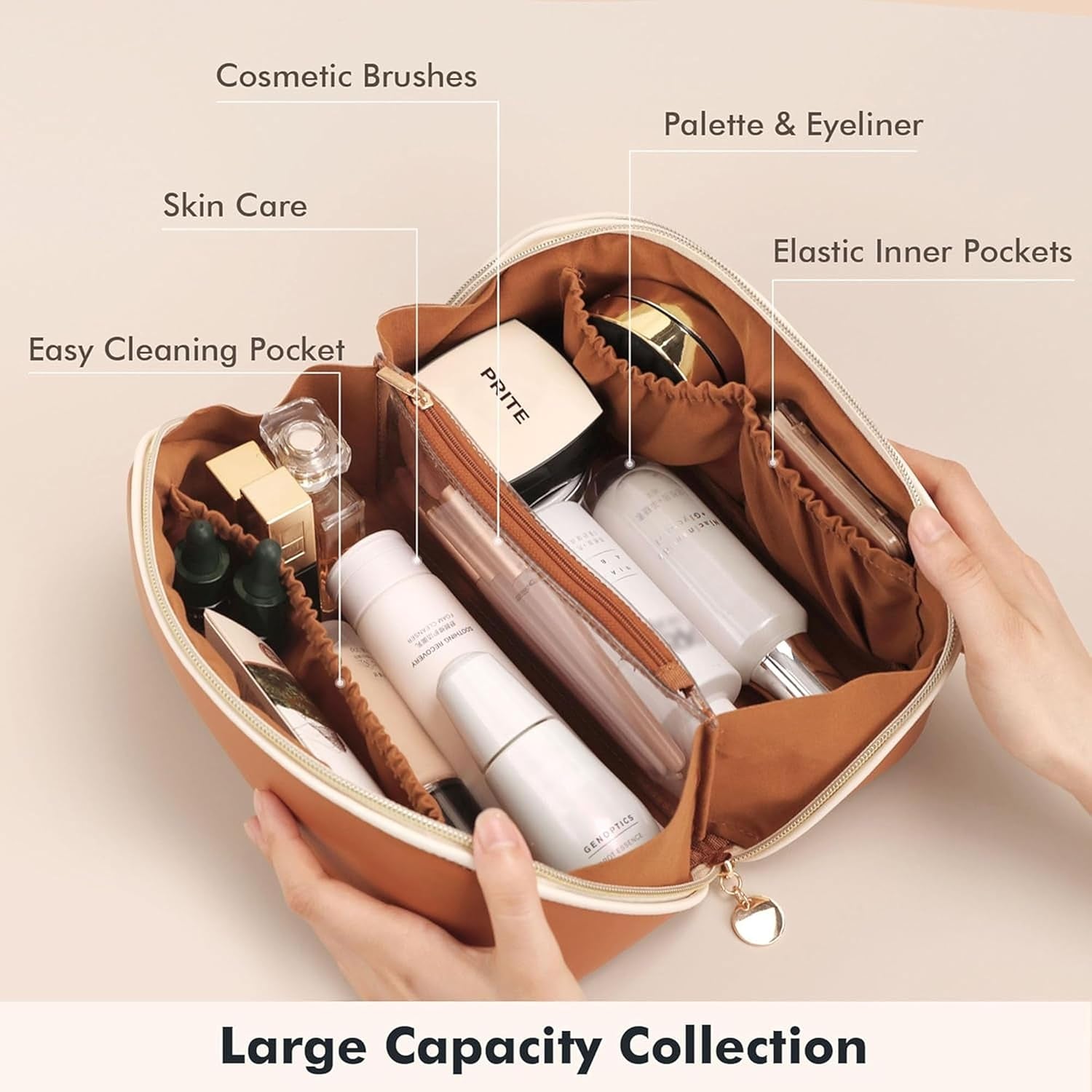 Makeup Bag for Women Travel Waterproof Vegan Leather Cosmetic Bag Open Flat Toiletry Bag with Clear Divider and Handle