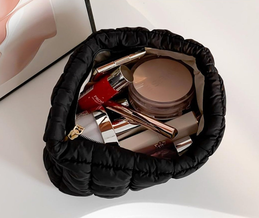 Puffy Quilted Makeup Bag for Women, Cosmetic Bag, Travel Toiletry Organizer Pouch Clutch (Black)