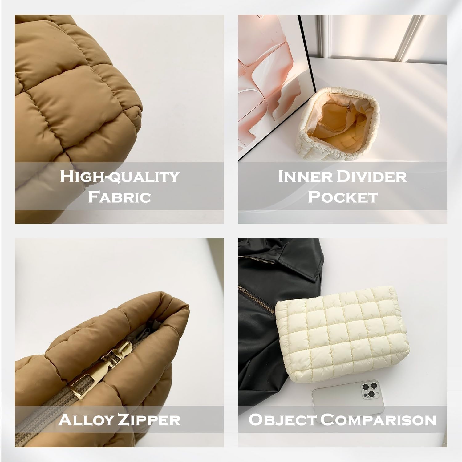 Puffy Quilted Makeup Bag for Women, Cosmetic Bag, Travel Toiletry Organizer Pouch Clutch (Black)